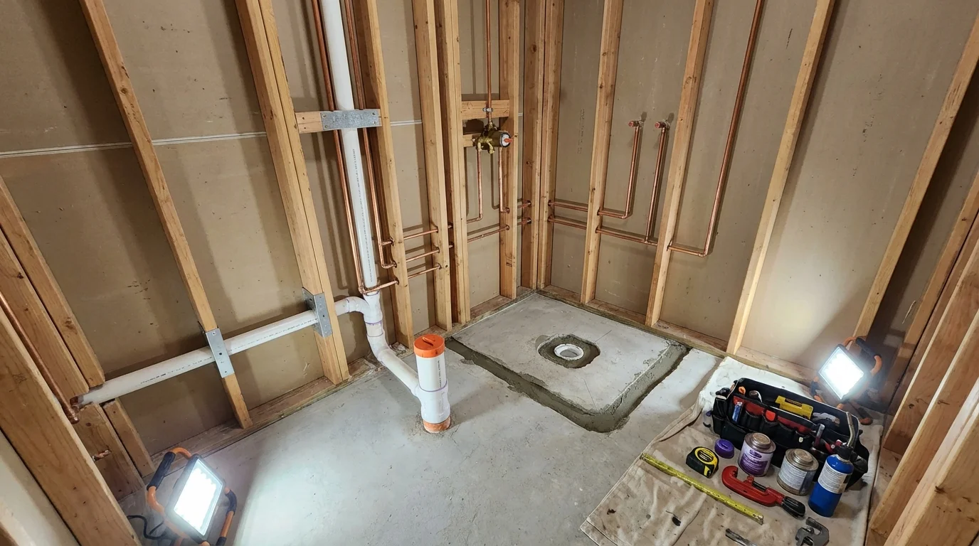 Bathroom rough-in plumbing during remodel by Johns Plumbing LLC in Triangle