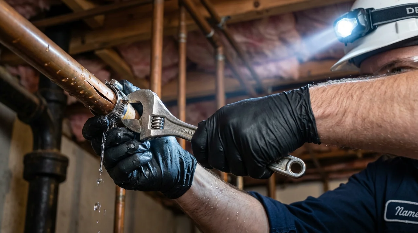 Emergency pipe clamp repair being performed by a Johns Plumbing LLC plumber in Triangle