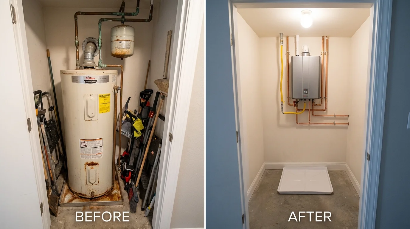 Tank water heater versus wall-mounted tankless unit comparison for Triangle, VA homeowners