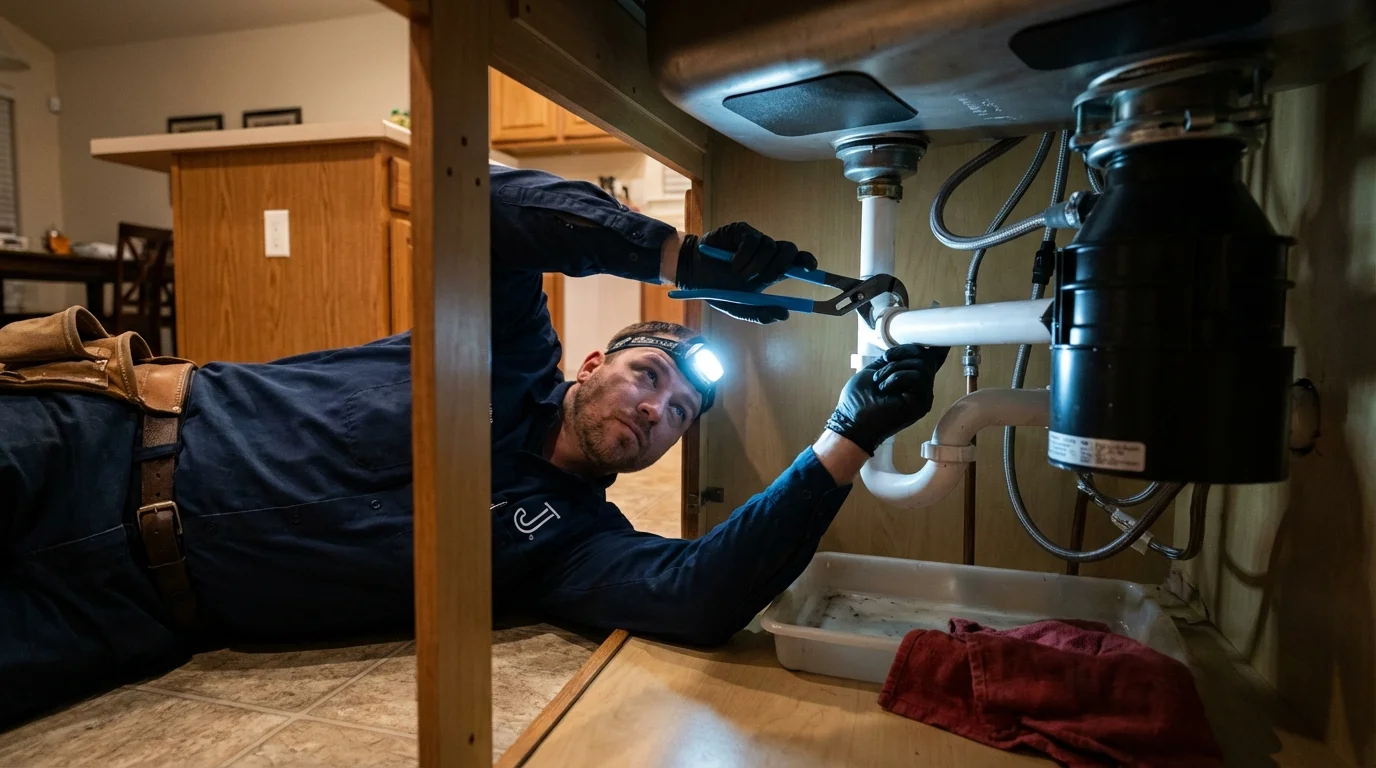 P-trap and supply line connections under a kitchen sink showing a common leak point in Triangle, VA